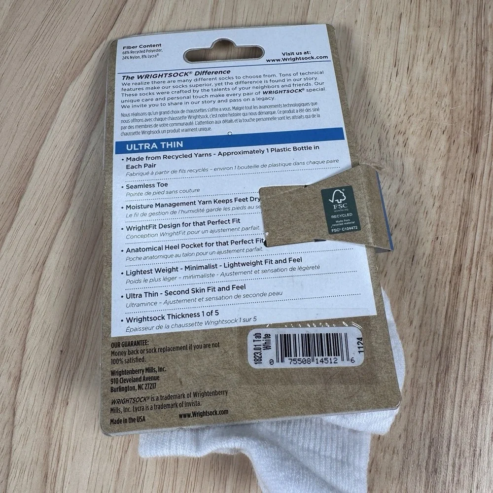 Wrightsock Ultra Thin Large M 8.5-12 W 9.5-11 White Lightweight Socks 4 Pack